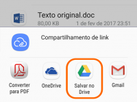 No Android, use o botão "Compartilhar" para salvar o arquivo no Google Drive.